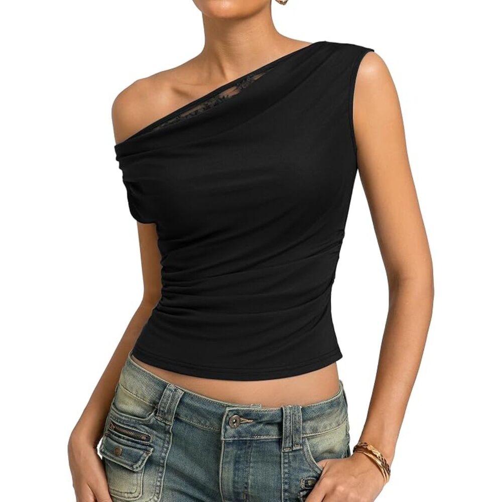 Y2K Kate Kasin Off The Shoulder Ruched Black Cowl Neck Lace Trim Slim Fit Top
